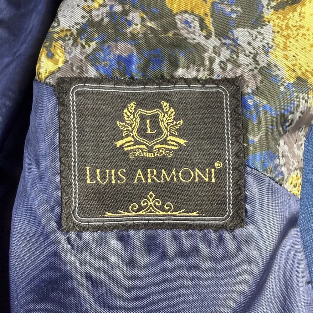 Luis Armoni Men's Blue Double Breasted Blazer Gold Crest Buttons 50 40R